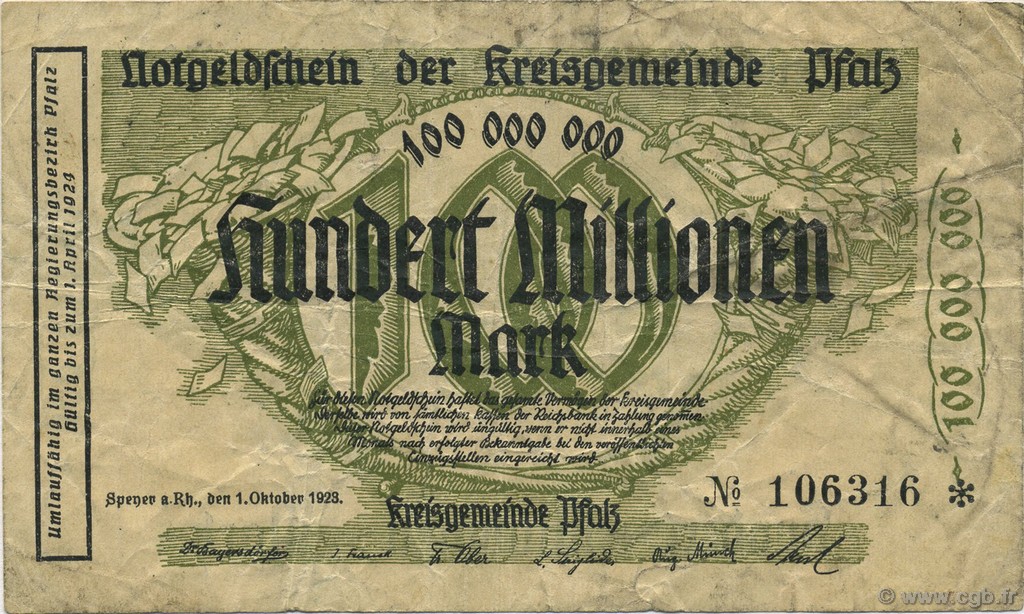 100 Millions Mark ALLEMAGNE Speyer 1923  TB