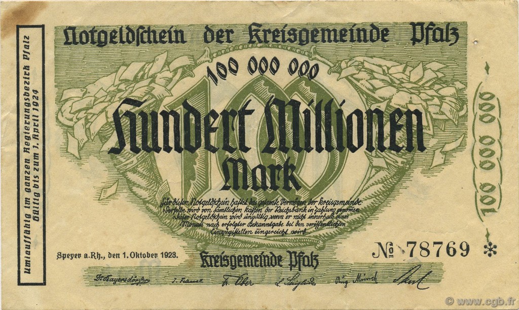 100 Millions Mark ALLEMAGNE Speyer 1923  TTB