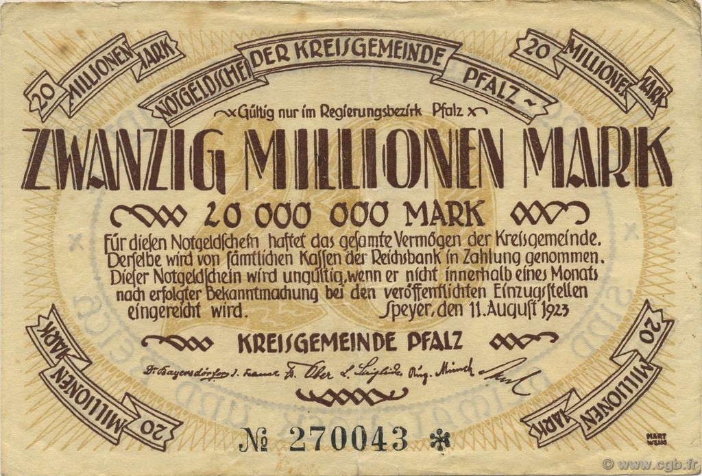 20 Millions Mark ALLEMAGNE Speyer 1923  TTB