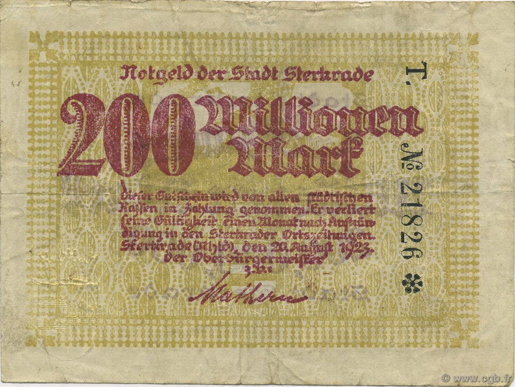 200 Millions Mark ALLEMAGNE Sterkrade 1923  TTB