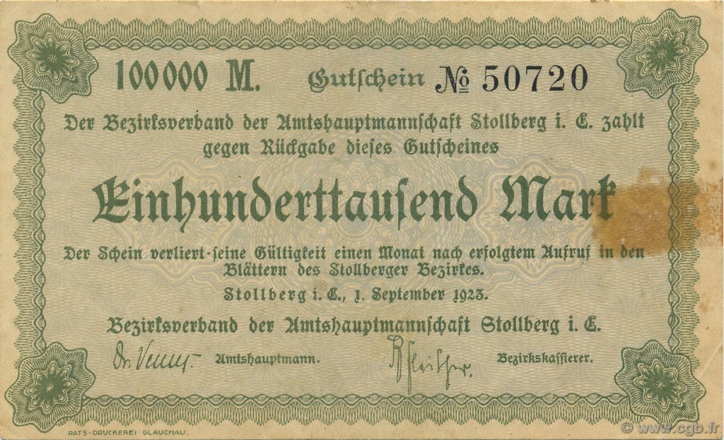 100000 Mark GERMANY Stollberg 1923  VF-