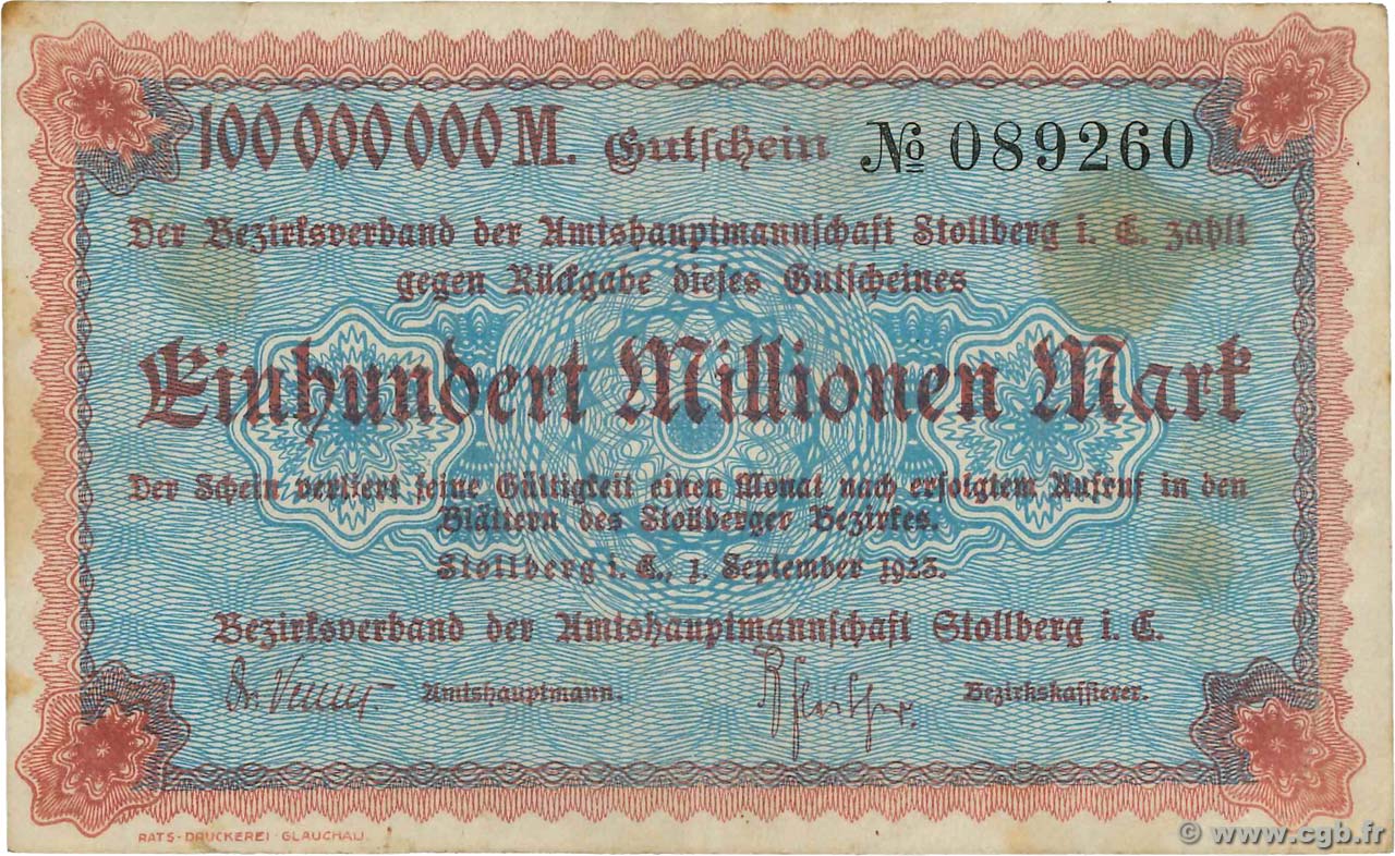 100 Millions Mark ALLEMAGNE Stollberg 1923  TTB