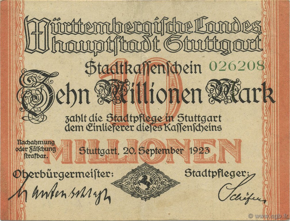 10 Millions Mark GERMANY Stuttgart 1923  VF