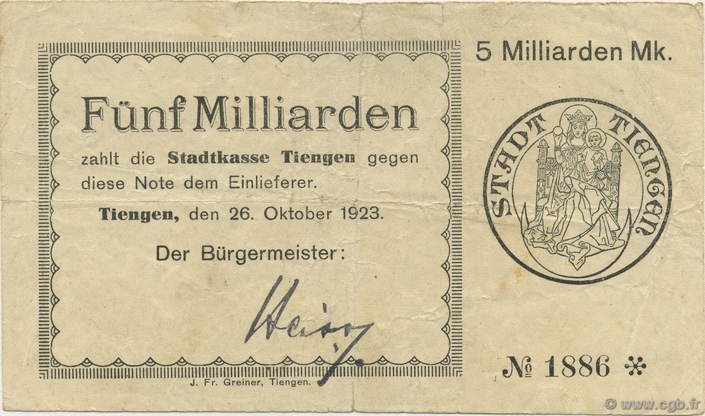 5 Milliards Mark ALLEMAGNE Tiengen 1923  TB à TTB