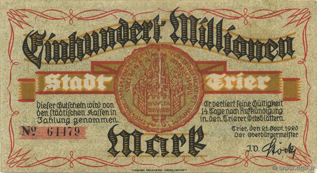 100 Million Mark ALLEMAGNE Trier - Trèves 1923  TB+