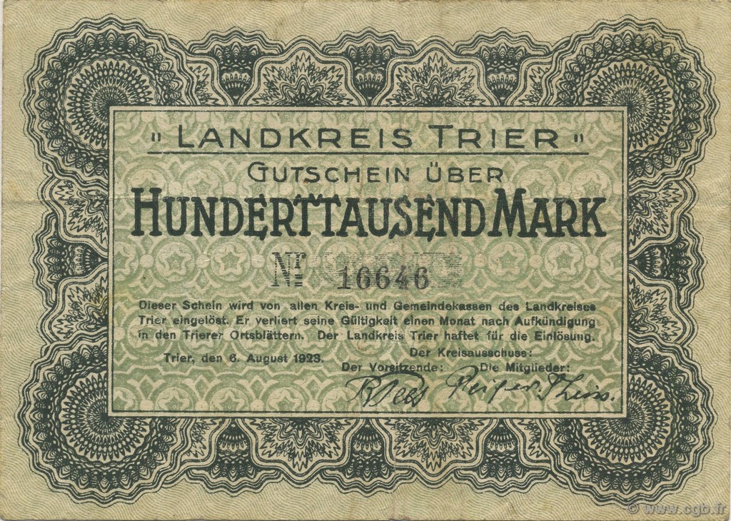 100000 Mark GERMANY Trier - Trèves 1923  VF