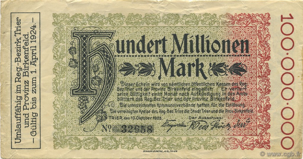 100 Millions Mark ALLEMAGNE Trier - Trèves 1923  TTB