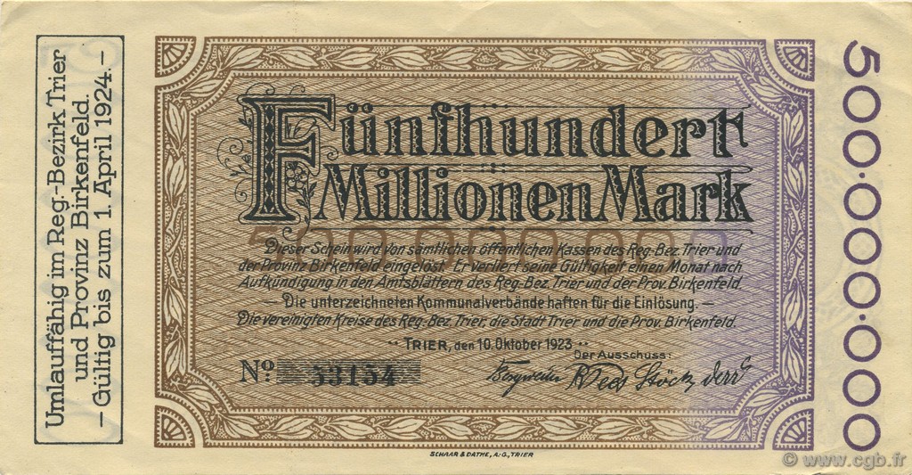 500 Millions Mark ALLEMAGNE Trier - Trèves 1923  pr.NEUF