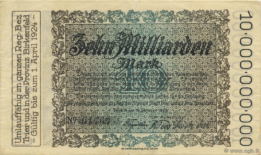 10 Milliards Mark ALLEMAGNE Trier - Trèves 1923  SPL