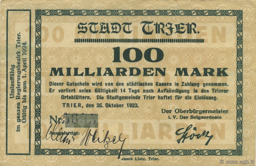 100 Milliards Mark ALLEMAGNE Trier - Trèves 1923  TTB