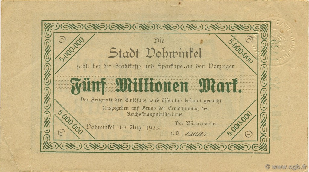 5 Millions Mark GERMANY Vohwinkel 1923  XF