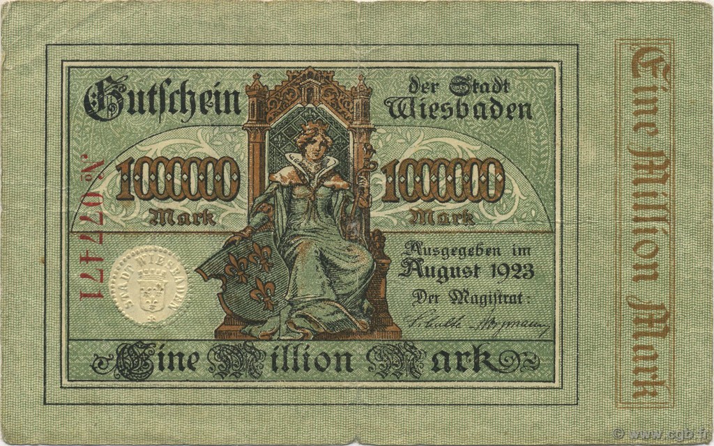 1 Million Mark GERMANY Wiesbaden 1923  F+