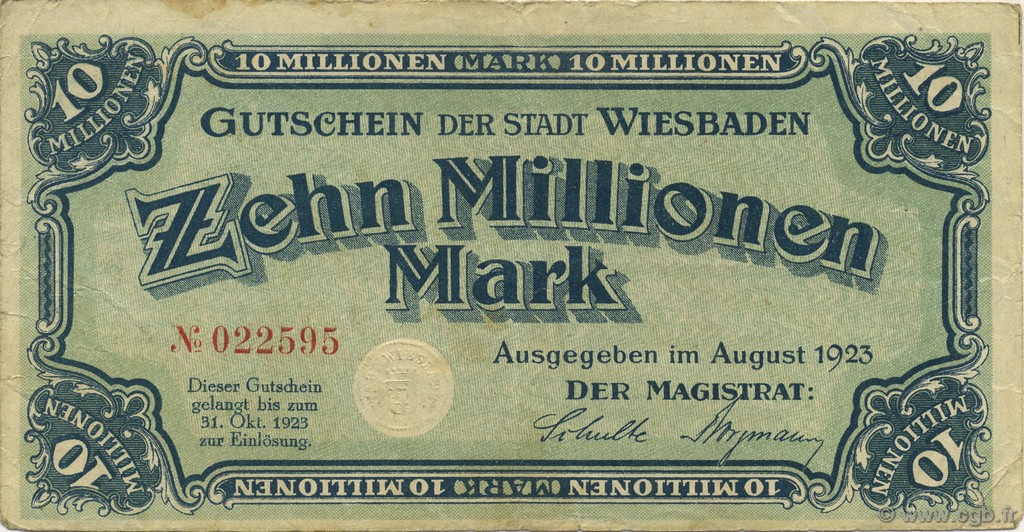 10 Millions Mark ALLEMAGNE Wiesbaden 1923  TTB