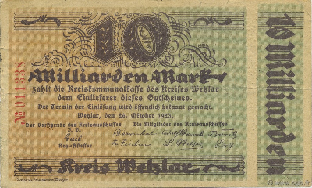 10 Milliards Mark ALLEMAGNE Wetzlar 1923  TTB