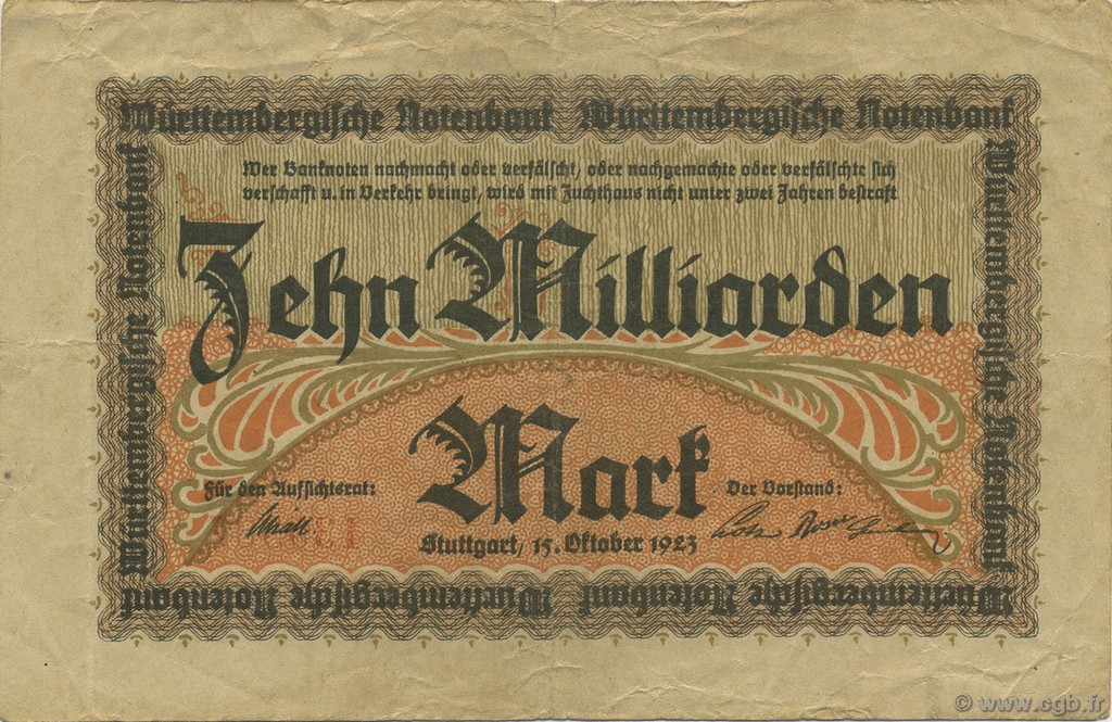 10 Milliards Mark ALLEMAGNE Stuttgart 1923 PS.0990a pr.TTB