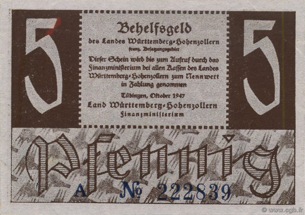 5 Pfennig DEUTSCHLAND  1947 PS.1007 fST