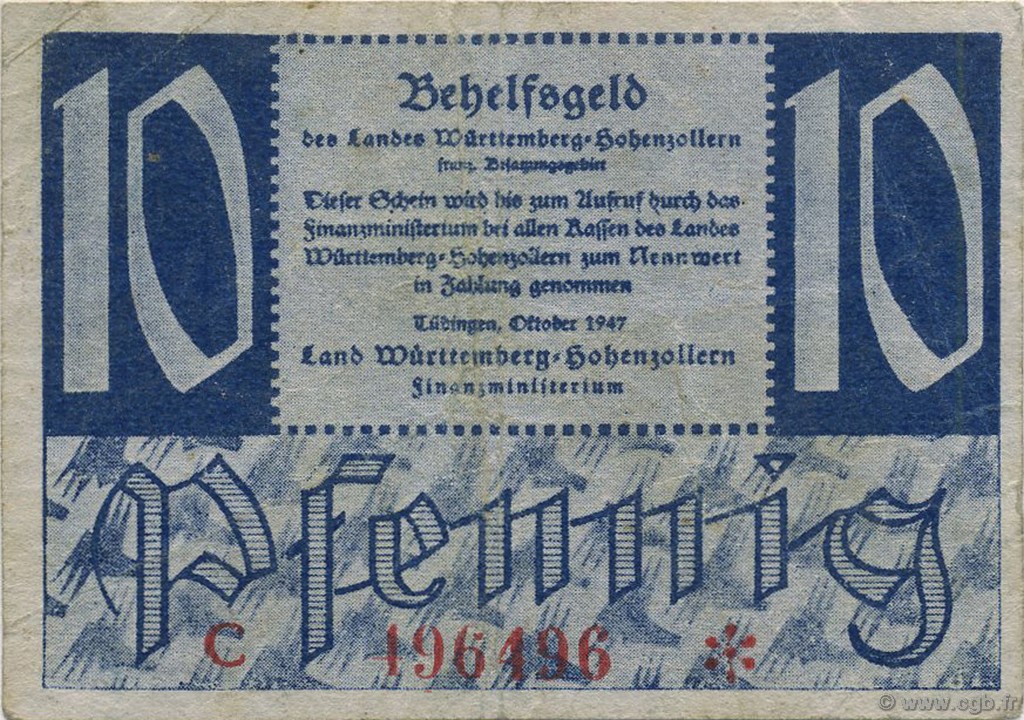 10 Pfennig GERMANY  1947 PS.1008b VF