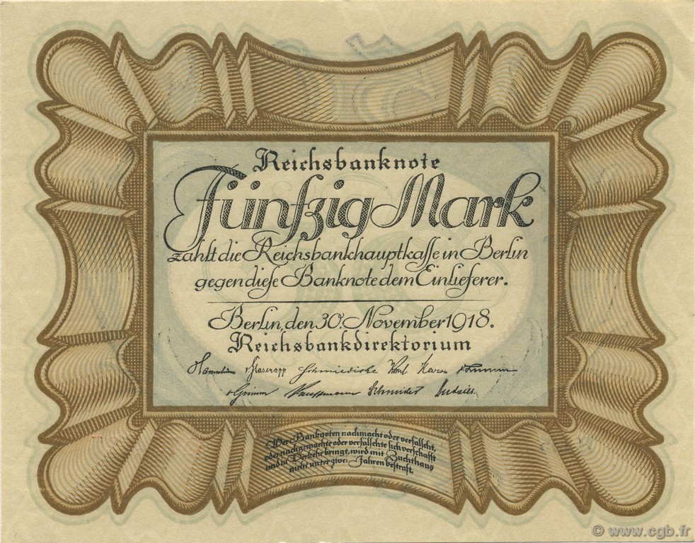 50 Mark GERMANY  1918 P.065 UNC-