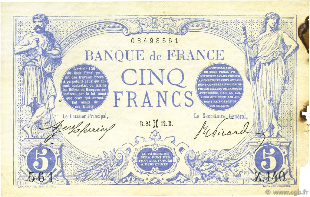 5 Francs BLEU FRANCIA  1912 F.02.02 MBC