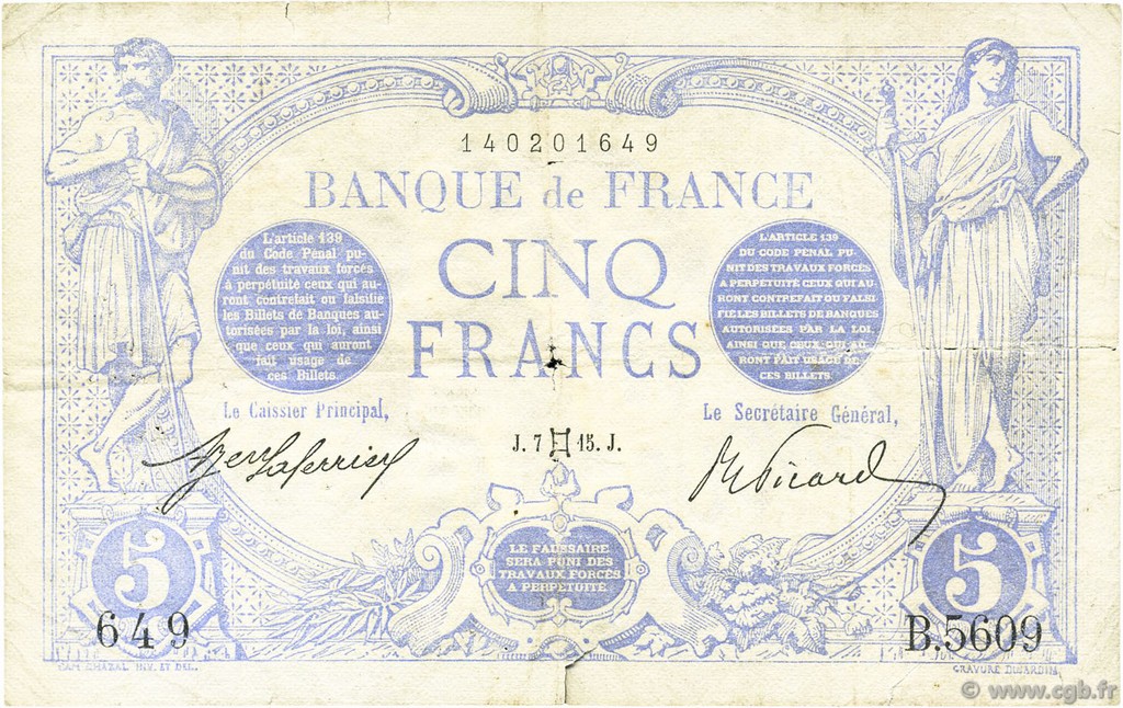 5 Francs BLEU FRANCE  1915 F.02.27 B+