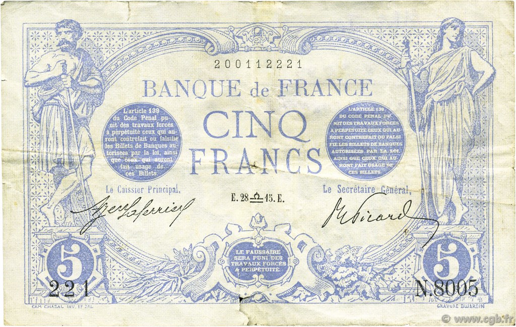 5 Francs BLEU FRANCE  1915 F.02.31 TB+