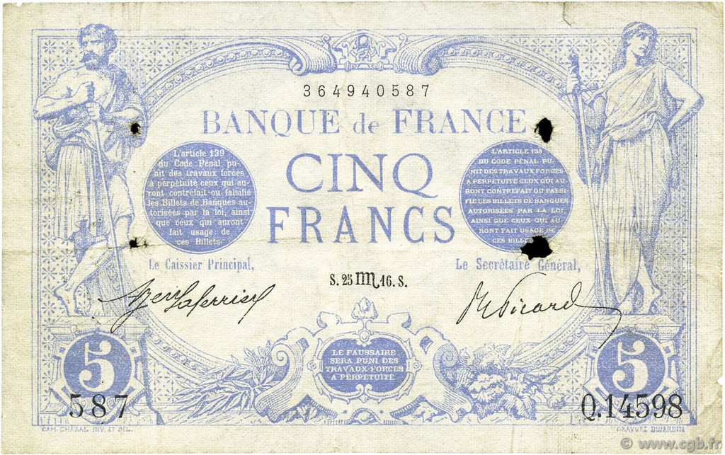 5 Francs BLEU FRANCE  1916 F.02.44 B à TB