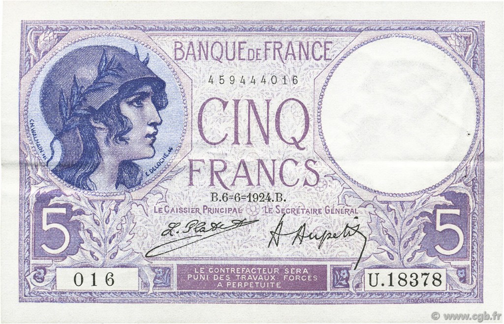 5 Francs FEMME CASQUÉE FRANCE  1924 F.03.08 SUP