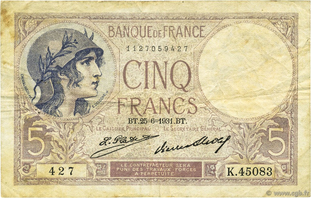5 Francs FEMME CASQUÉE FRANCE  1931 F.03.15 TB
