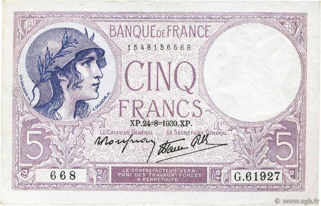 5 Francs FEMME CASQUÉE modifié FRANCE  1939 F.04.07 SUP