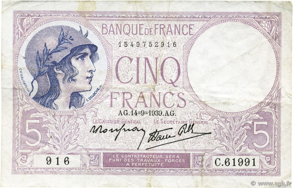 5 Francs FEMME CASQUÉE modifié FRANCE  1939 F.04.08 TTB