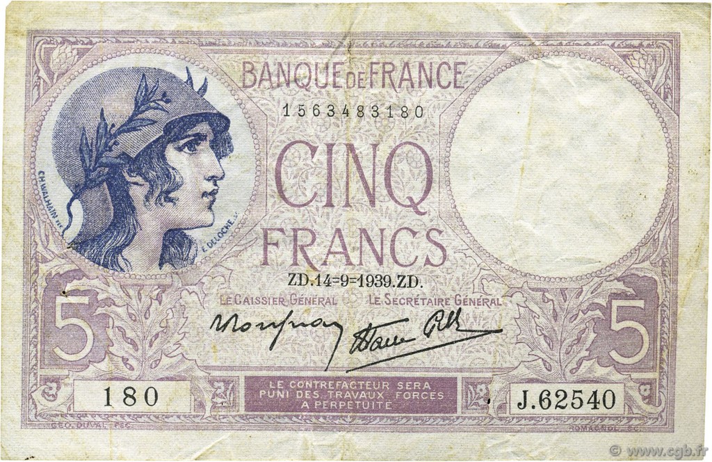 5 Francs FEMME CASQUÉE modifié FRANCIA  1939 F.04.08 MBC
