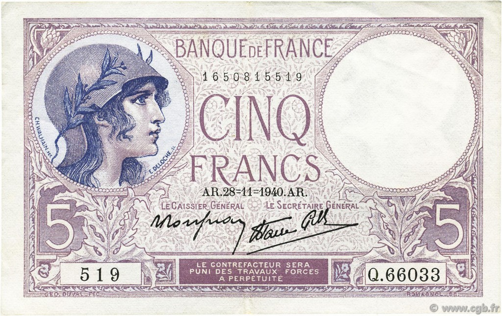5 Francs FEMME CASQUÉE modifié FRANCE  1940 F.04.15 SUP+