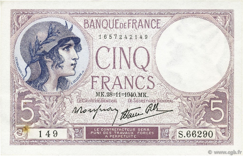 5 Francs FEMME CASQUÉE modifié FRANCE  1940 F.04.15 SUP