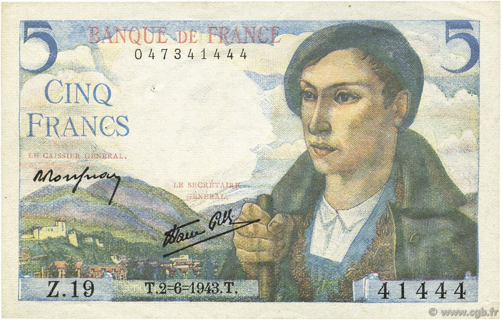 5 Francs BERGER FRANCE  1943 F.05.01 pr.SPL