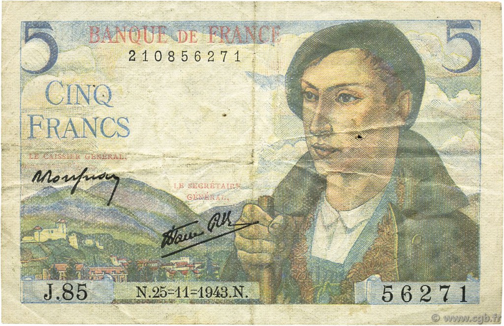 5 Francs BERGER FRANCE  1943 F.05.04 pr.TTB