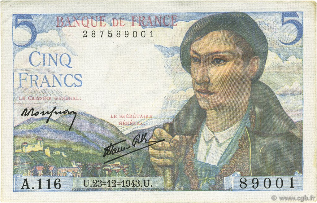 5 Francs BERGER FRANKREICH  1943 F.05.05 VZ+