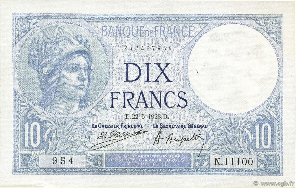 10 Francs MINERVE FRANCE  1923 F.06.07 SUP