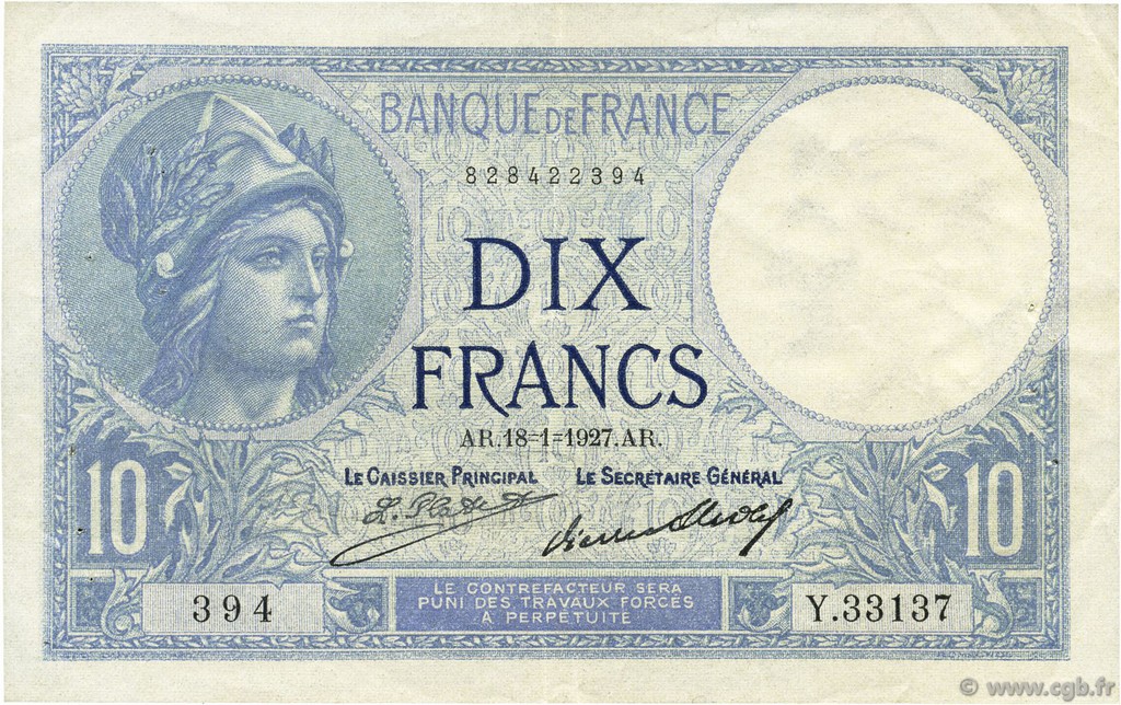 10 Francs MINERVE FRANCE  1927 F.06.12 pr.SUP