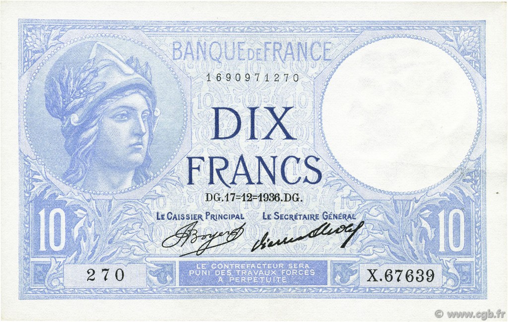 10 Francs MINERVE FRANCE  1936 F.06.17 SPL+