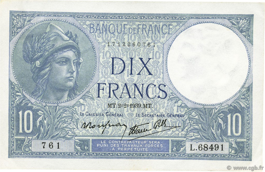 10 Francs MINERVE modifié FRANCE  1939 F.07.01 SUP+
