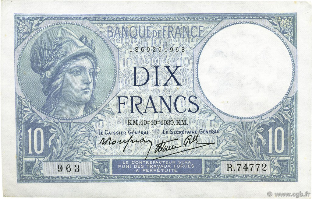 10 Francs MINERVE modifié FRANCE  1939 F.07.12 pr.SPL