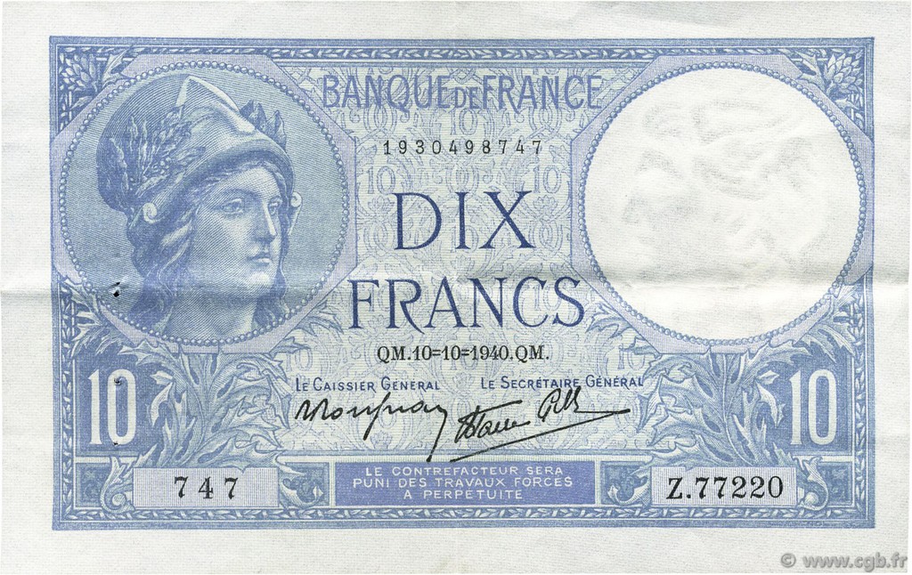 10 Francs MINERVE modifié FRANCE  1940 F.07.16 pr.SUP
