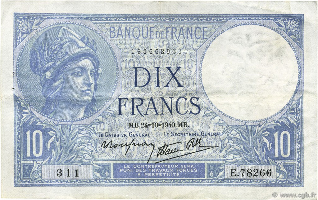 10 Francs MINERVE modifié FRANCE  1940 F.07.18 TTB+