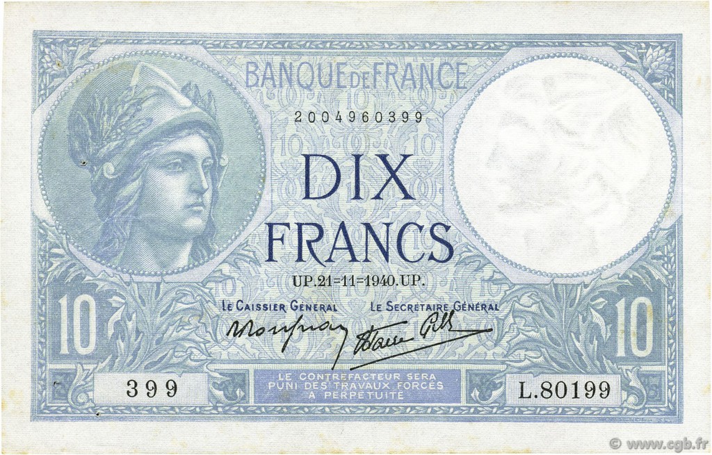 10 Francs MINERVE modifié FRANCE  1940 F.07.21 XF