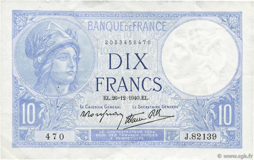 10 Francs MINERVE modifié FRANCIA  1940 F.07.25 SPL