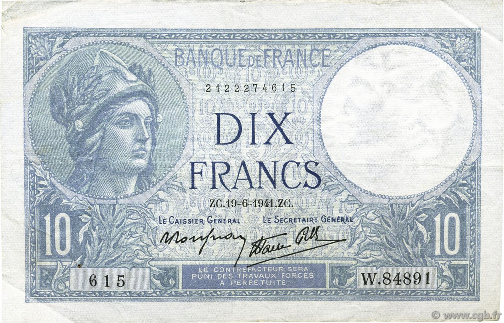 10 Francs MINERVE modifié FRANCE  1941 F.07.29 TTB