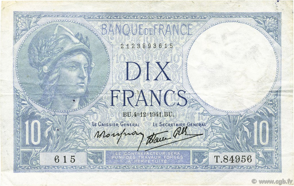 10 Francs MINERVE modifié FRANCE  1941 F.07.30 TTB