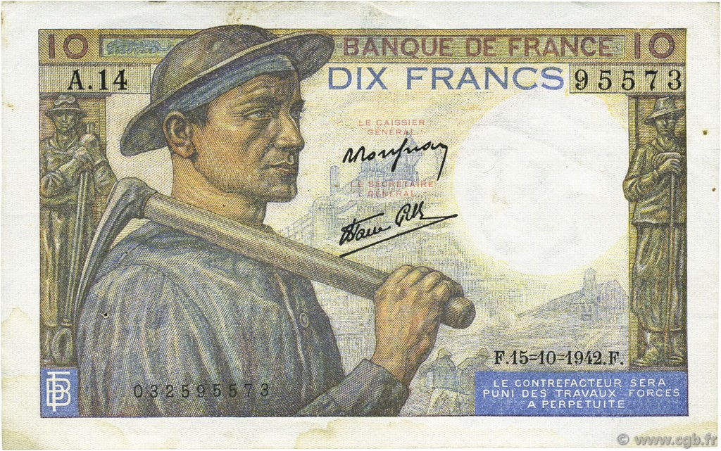 10 Francs MINEUR FRANCE  1942 F.08.04 SUP
