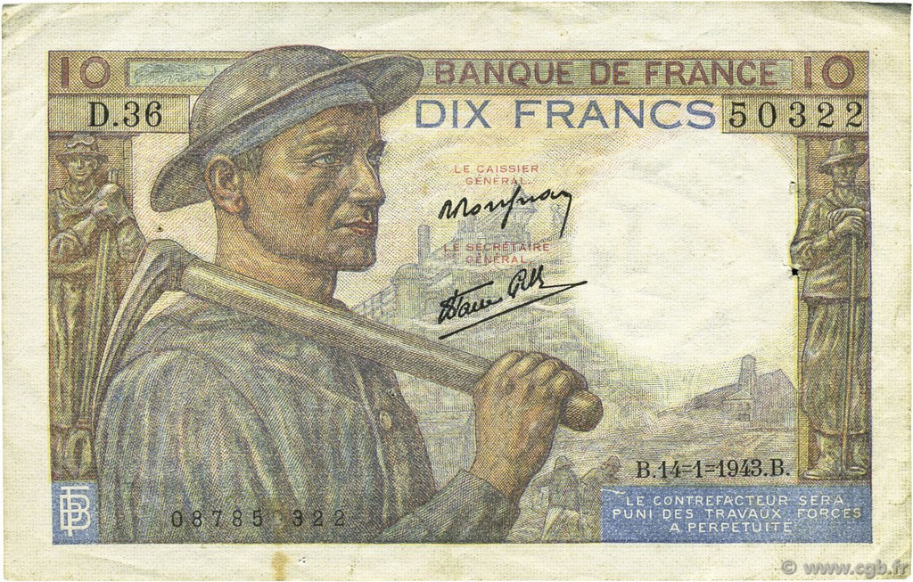 10 Francs MINEUR FRANCE  1943 F.08.07 TTB