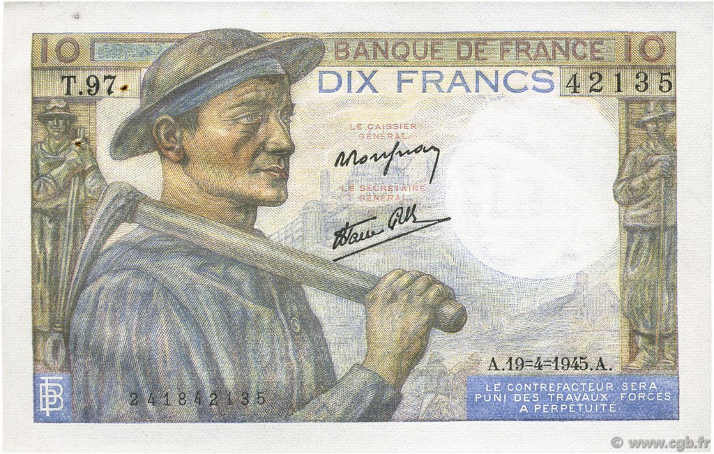 10 Francs MINEUR FRANCE  1945 F.08.13 pr.SPL